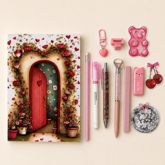 Romantic Rose Illustrated Journal Set, 13-Piece Pink A5 Stationery Kit with 96 Unique Pages, Diary, Notebook