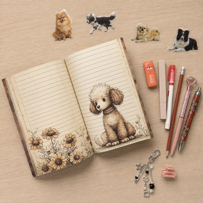 Vintage Dog Illustrated Journal & Diary Notebook Set, 13-Piece A5 Stationery Kit, 96 Unique Pages